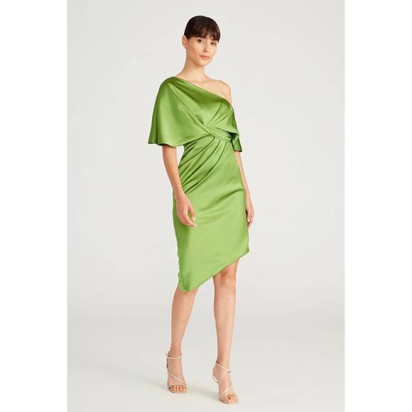 THEIA Polly Satin Cocktail Dress One Shoulder 88111306-8088 Paradise Green 2 NEW - Picture 3 of 9